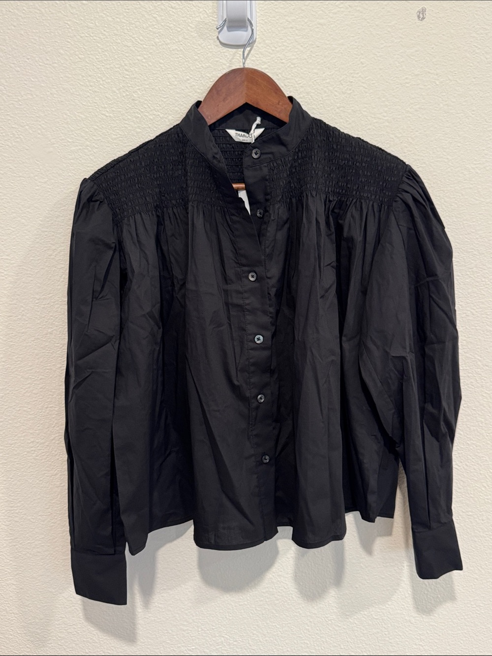 Thakoon Black Smocked Poplin Button Blouse